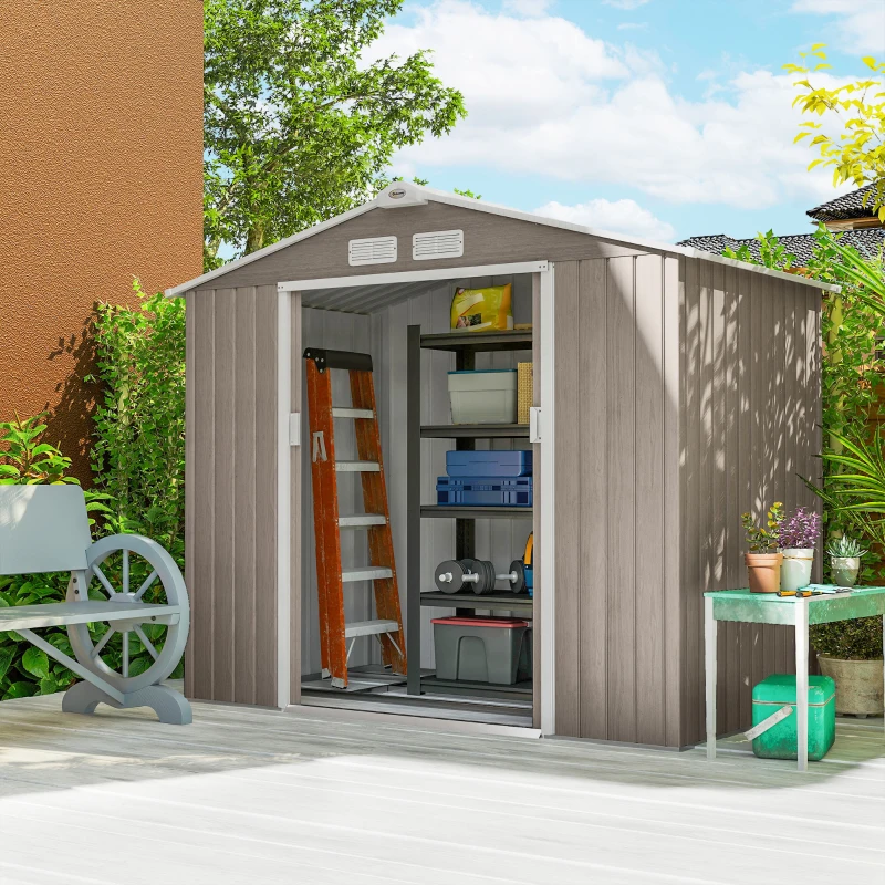 Outsunny Abri de jardin 2,77m² 213 x 130 x 185 cm kit de fondation incluse porte coulissante acier galvanisé marron clair
