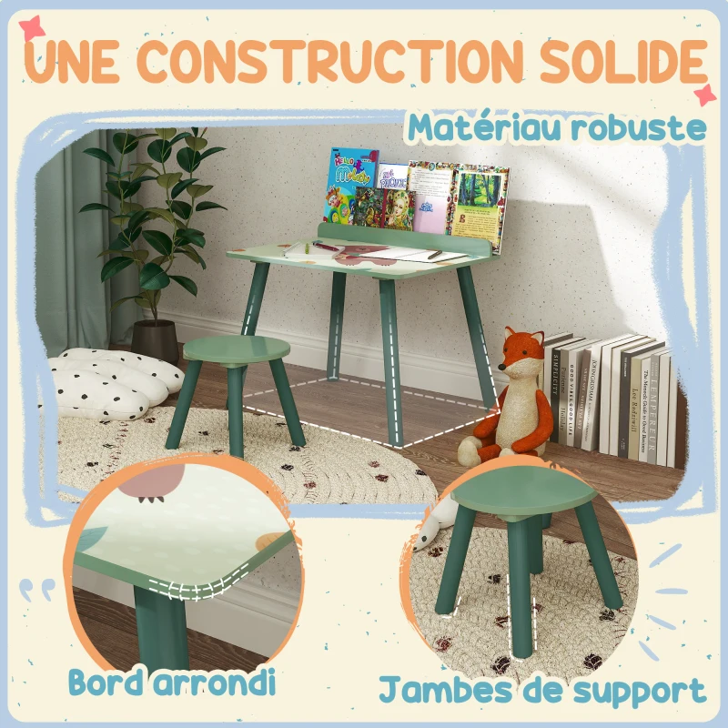 AIYAPLAY Ensemble table et chaise enfant table pour enfant avec chaise avec porte-livres motifs d'ours pour enfants 3-8 ans vert