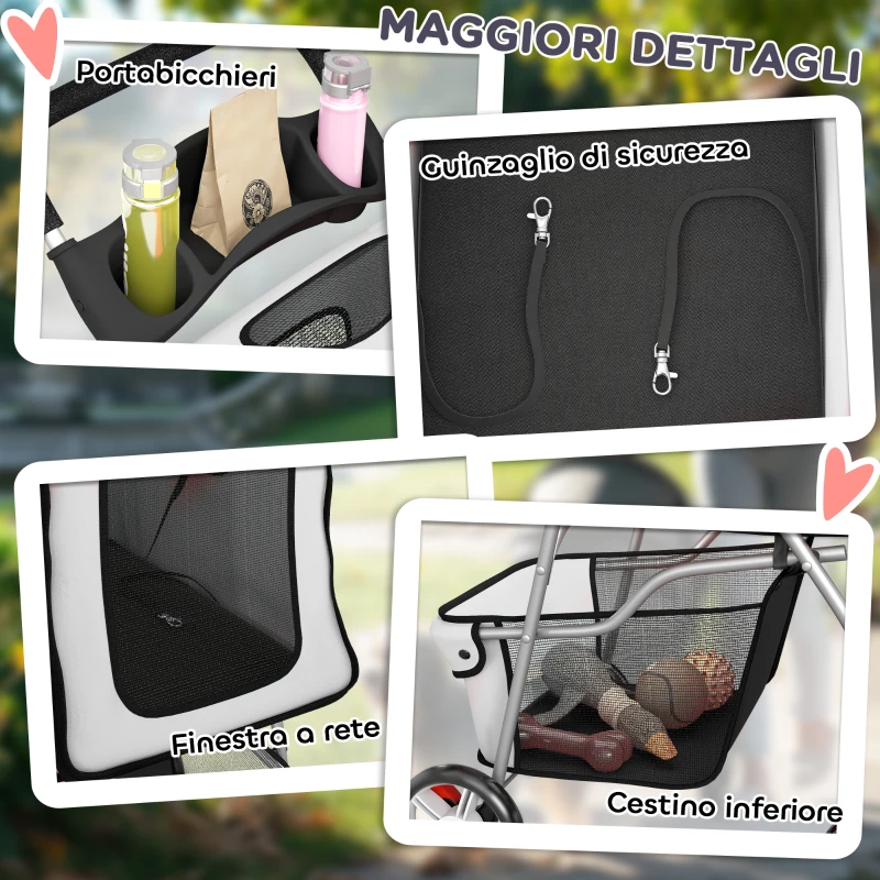 PawHut Passeggino per Cani Pieghevole con Catarifrangenti, Ruote Girevoli, Freni e Cuscino Lavabile, Grigio