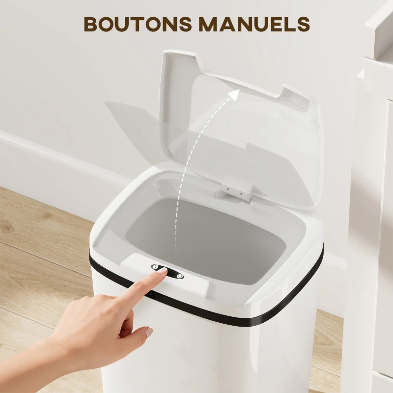 HOMCOM Poubelle de cuisine automatique 15L, poubelle à capteur de mouvement sans contact, 27,6 x 21,4 x 33,5 cm, blanc