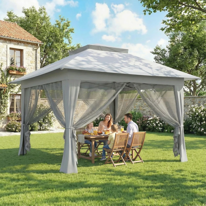 Outsunny 3.6 x 3.6 m Pop-Up Gazebo with Netting and Carry Bag - Height Adjustable Party Tent, Instant Canopy Sun Shade Shelter, Grey