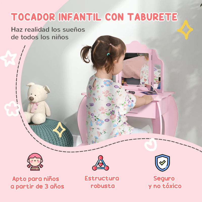 HOMCOM Tocador Infantil con Taburete y Espejo Ajustable Tocador para Niñas de 3-6 Años con Cajón Rosa
