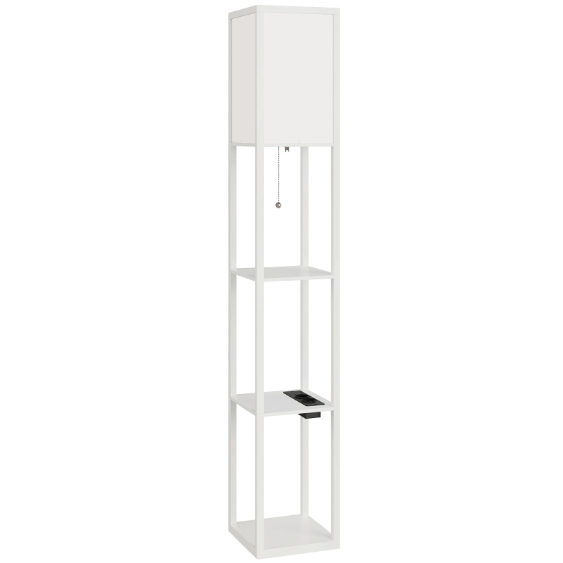 HOMCOM Lampadaire avec tablettes, lumière réglable, interrupteur au pied et ports USB, blanc