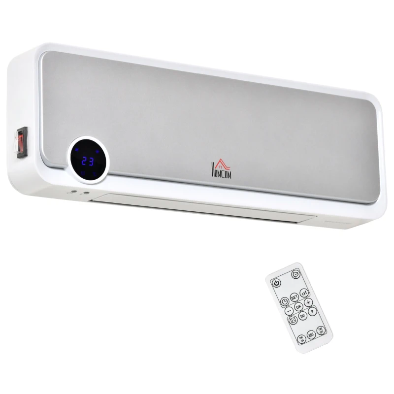 HOMCOM Radiateur mural soufflant oscillant 2000 W - chauffage céramique PTC - 3 niveaux de puissance - télécommande incluse blanc argenté