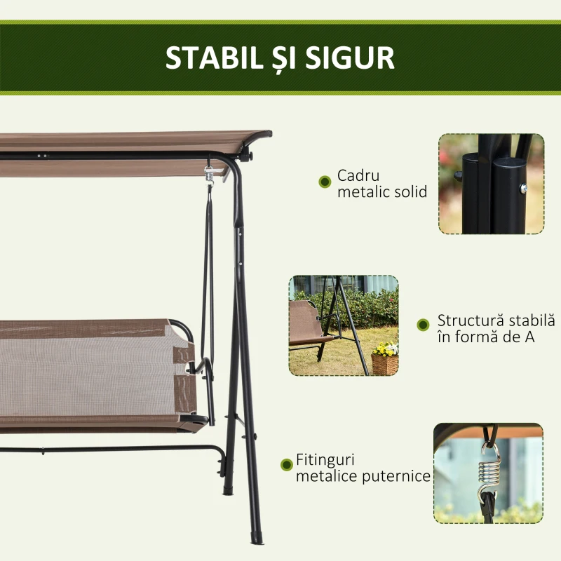 Outsunny Balansoar de Gradina/Terasa 3 Locuri cu Baldachin Reglabil din Metal si Textilen, 172x110x155 cm, Maro(m-5)