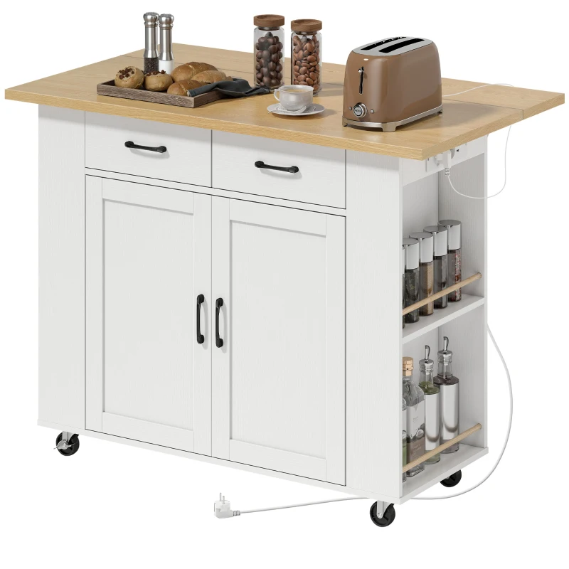 HOMCOM Isla de Cocina con Estación de Carga, Carrito de Cocina con Ruedas y Encimera Abatible, 2 Cajones, Blanco