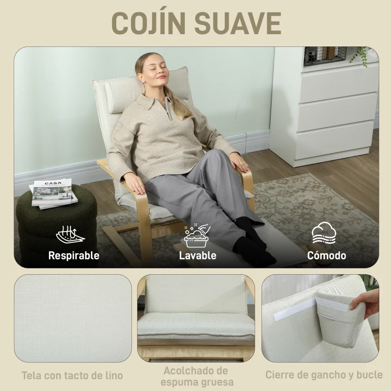 HOMCOM Sillón con Reposapiés Sillón Lectura con Respaldo Alto Reposacabezas Extraíble Patas de Madera y Tapizado en Lino Crema