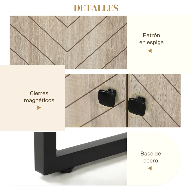HOMCOM Aparador de Salón con 4 Puertas con Diseño Chevron Estantes Ajustables Patas de Acero 140,5x40x81,5 cm Roble