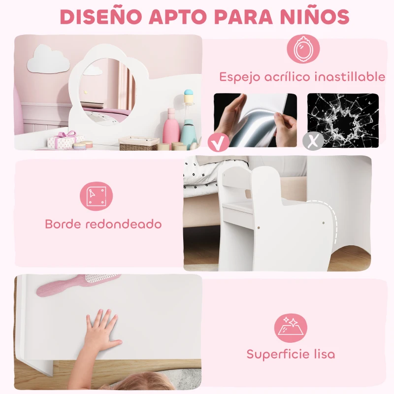 AIYAPLAY Tocador de Maquillaje Niña 2 en 1 Escritorio con Taburete Espejo Estantes Abiertos para Niños +3 Años Blanco