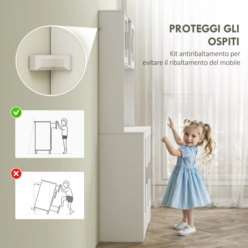 HOMCOM Mobile Dispensa con 4 Armadietti, 2 Ripiani Aperti e Piano da Lavoro, in Legno e Vetro, 108x35x180 cm, Bianco