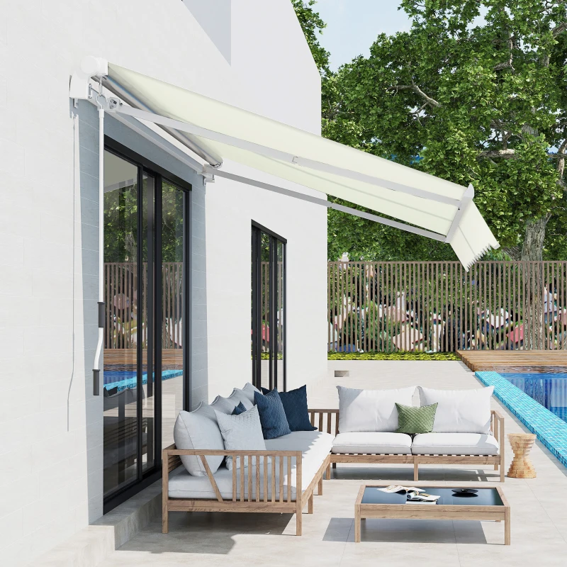 Outsunny Store banne manuel rétractable 295 x 245 cm store exterieur terrasse avec manivelle, angle réglable 45°-85°, aluminium et polyester 280 g/m², auvent de terrasse, balcon, cour, crème