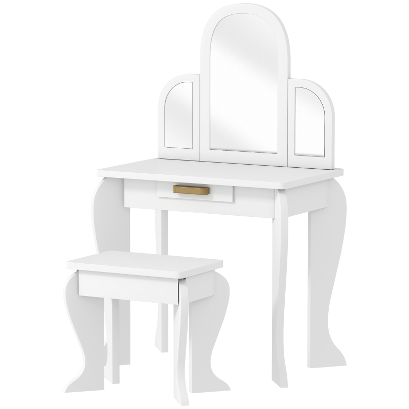 HOMCOM Toucador para Crianças com Espelho e Banco Toucador de Maquilhagem para Crianças de 3 a 6 Anos 52x32x85 cm Branco