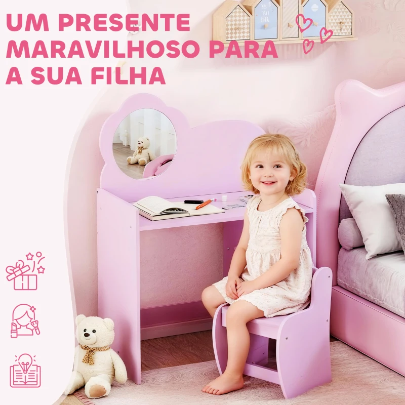 AIYAPLAY Toucador para Crianças com Banco e Espelho em Forma de Flor com Compartimentos Abertos 70x39x92,5 cm Roxo