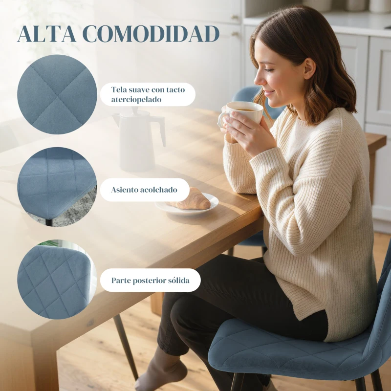 HOMCOM Juego de 4 Sillas de Comedor Tapizadas en Terciopelo con Patas de Acero para Salón 45x54x87 cm Azul Claro