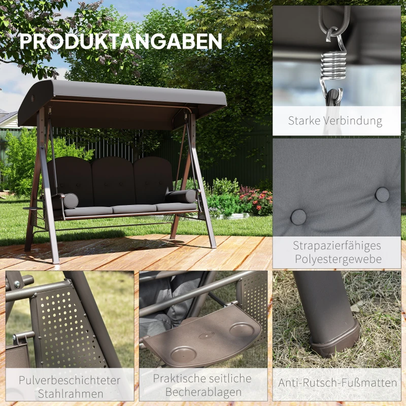 Outsunny Hollywoodschommel 3-zits tuinschommel met zonnescherm, dienblad en zitkussen tot 360 kg Donkergrijs