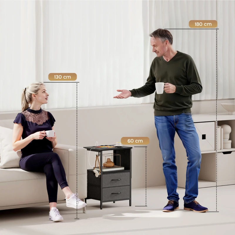 HOMCOM Couchtisch Beistelltisch mit Ladestation, Stahlrahmen, USB-C-Anschlüssen, Schubladen, Haken, 40cm x 30cm x 60cm Schwarz