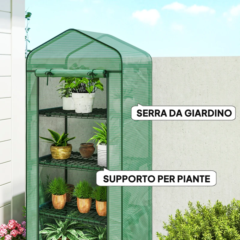 Outsunny Serra da Balcone a 4 Livelli con 4 Rotelle e Ingresso Avvolgibile, in Acciaio e PE, 69x50x165 cm, Verde