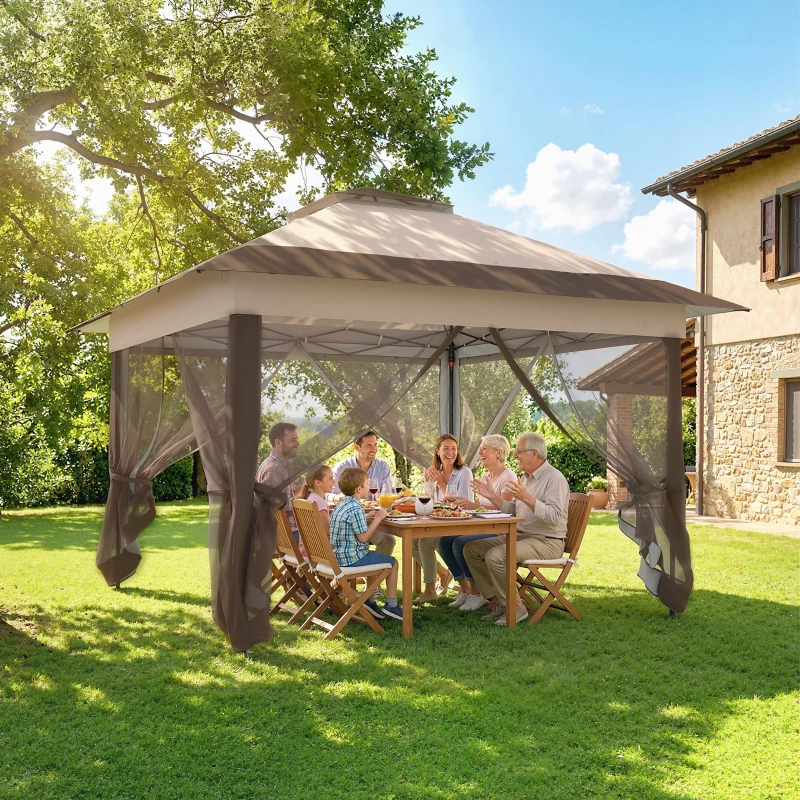 Outsunny 3.6 x 3.6 m Pop up Gazebo with Netting, Height Adjustable Party Tent Instant Canopy Sun Shade Shelter, Khaki
