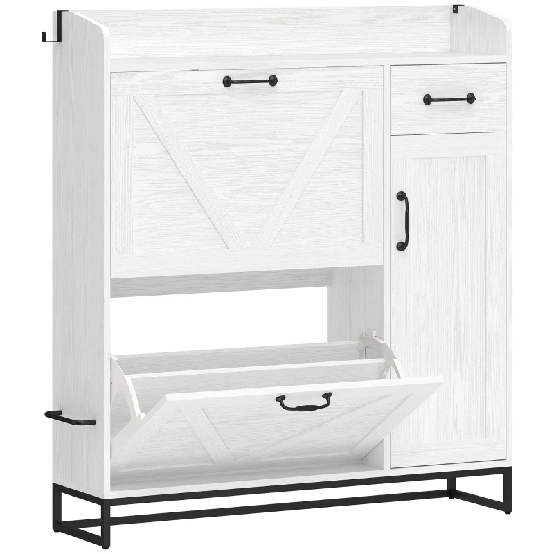 HOMCOM Meuble à chaussures étroit avec 2 tiroirs basculants, étagères réglables pour 12 paires, pour petit espace 106,7x26x116 cm Blanc