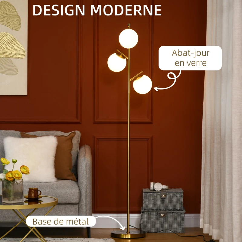 HOMCOM Lampadaire sur pied salon en métal avec 3 abat-jours globe blanc verre dépoli 40W Ø 27 x 169H cm doré