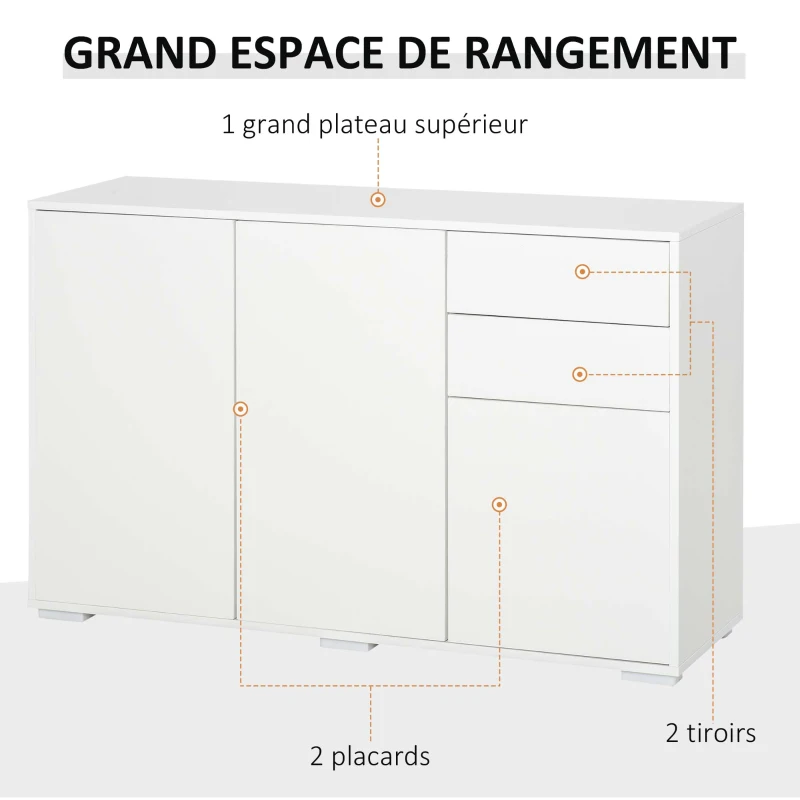 HOMCOM Buffet meuble de rangement 2 tiroirs coulissants 3 portes étagère réglable panneaux de particules 117 x 36 x 74 cm blanc