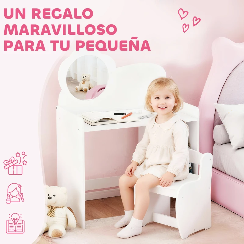 AIYAPLAY Tocador de Maquillaje Niña 2 en 1 Escritorio con Taburete Espejo Estantes Abiertos para Niños +3 Años Blanco