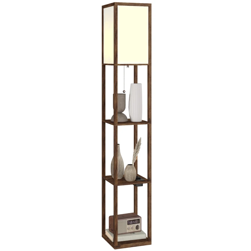 HOMCOM Stehlampe mit Ablagen, Einstellbares Licht, Fußschalter und USB-Anschlüsse, Braun