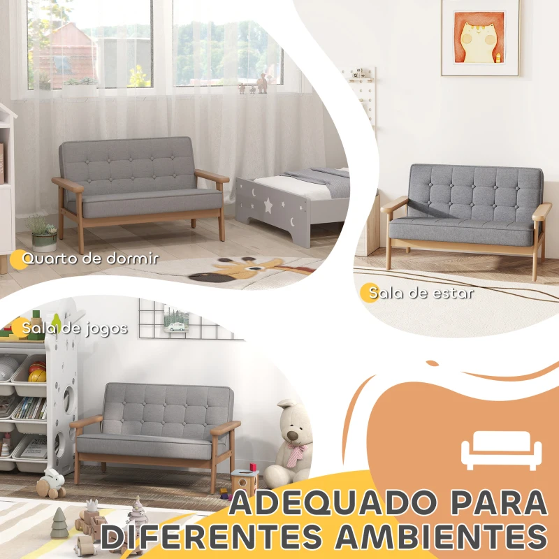 AIYAPLAY Sofá para Crianças de 2 Lugares Poltrona Infantil com Estrutura de Madeira Assento e Encosto Acolchoados 77x42x48 cm Cinzento