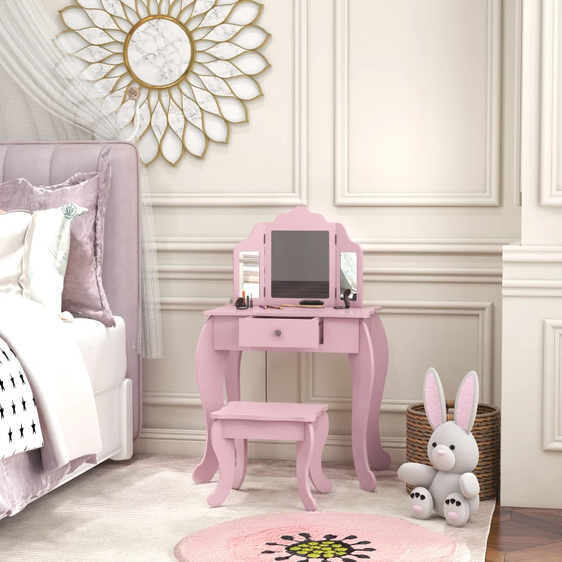 HOMCOM Toucador Infantil de Madeira com Banco e Espelho de Acrílico de 2 Seções Mesa de Maquilhagem Infantil 63x40x85,5 cm Rosa