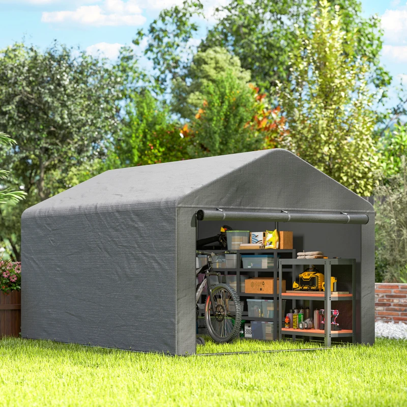Outsunny Capanno da Giardino 2x2.4 m Impermeabile, Porta Avvolgibile e Telaio in Metallo, Grigio Chiaro
