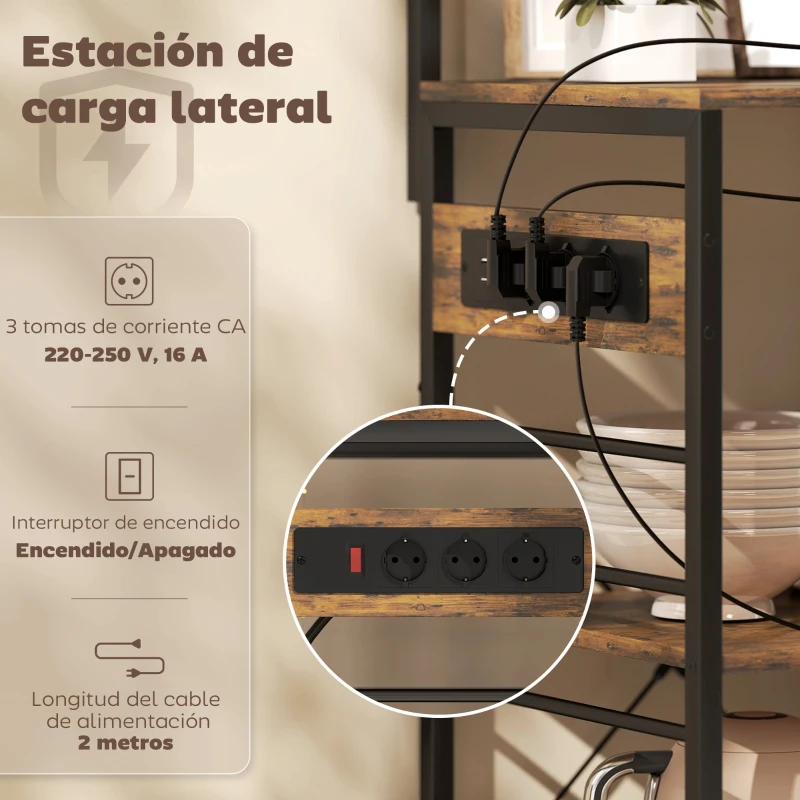 HOMCOM Estantería de Cocina con Tres Enchufes y Luces LED Industrial con Estantes para Microondas 80x42x162 cm Marrón Rústico