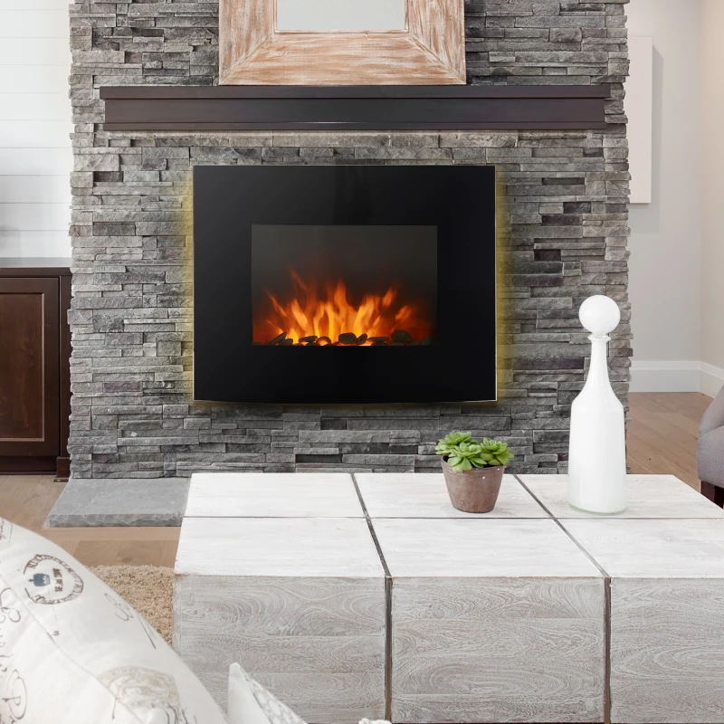 HOMCOM Cheminée électrique Murale éclairages latéraux LED Design Avant-gardiste Affichage LED avec télécommande et minuterie 900/1800 W luminosité réglable Noir