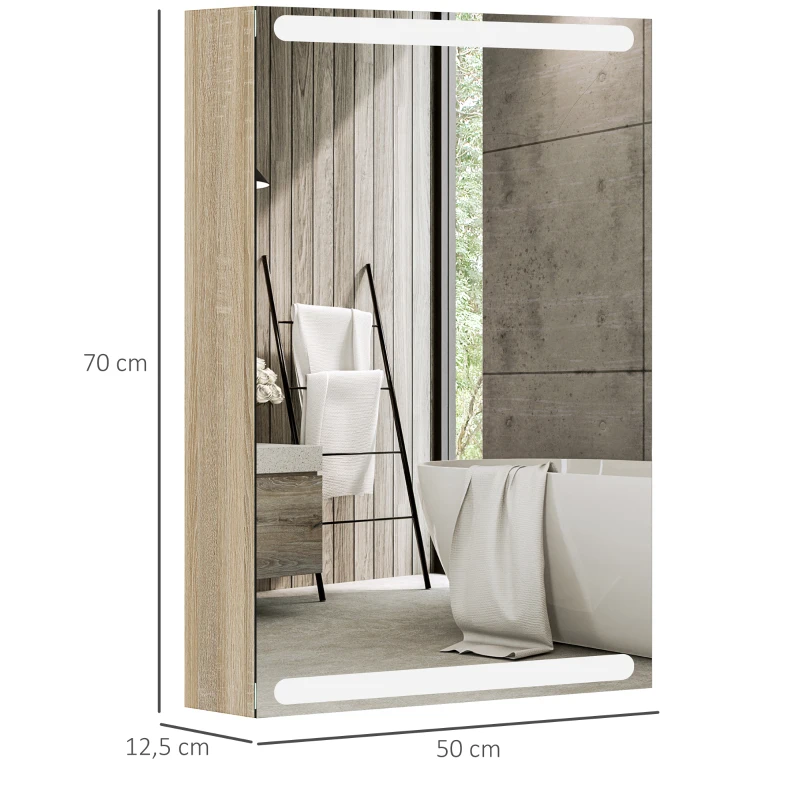 HOMCOM Armoire murale meuble salle de bain avec miroir, éclairage LED et étagères en verre réglables 50x12,5x70cm, bois naturel