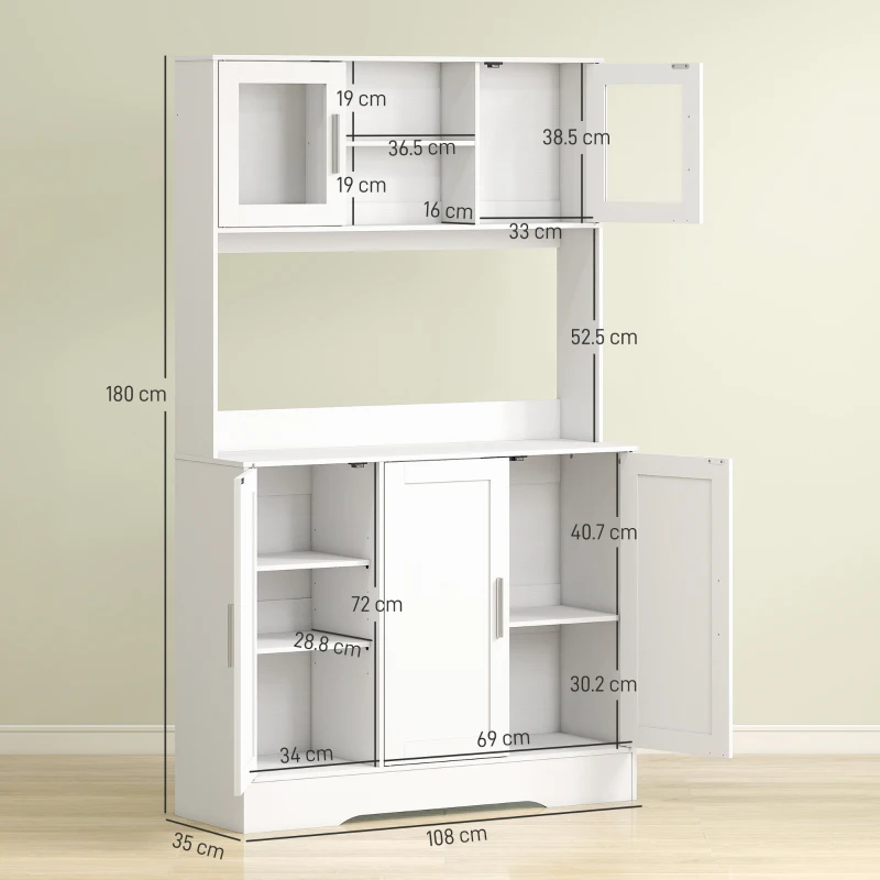 HOMCOM Mobile Dispensa con 4 Armadietti, 2 Ripiani Aperti e Piano da Lavoro, in Legno e Vetro, 108x35x180 cm, Bianco