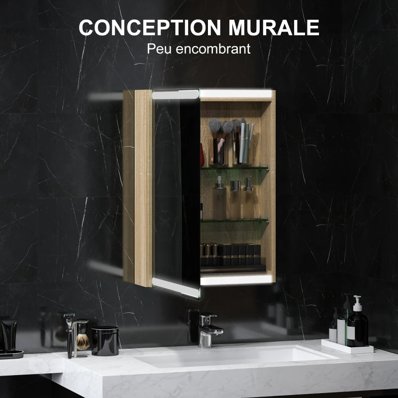 HOMCOM Armoire murale meuble salle de bain avec miroir, éclairage LED et étagères en verre réglables 50x12,5x70cm, bois naturel