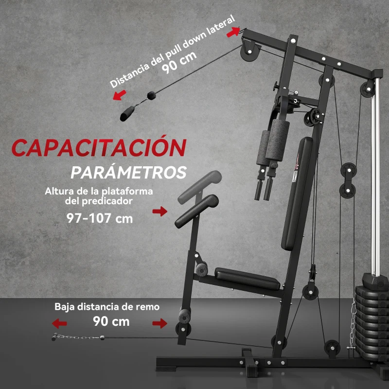 HOMCOM Máquina de Musculación con Pesas Ajustables de 45 kg Prensa de Pecho y Piernas Polea 135x103x210 cm Negro