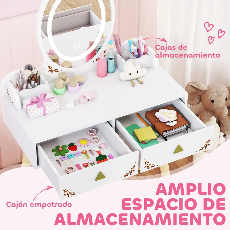 AIYAPLAY Tocador de Maquillaje Niña con Luces LED de 3 Colores Taburete Espejo 2 Cajones 2 Cajas de Almacenaje Blanco