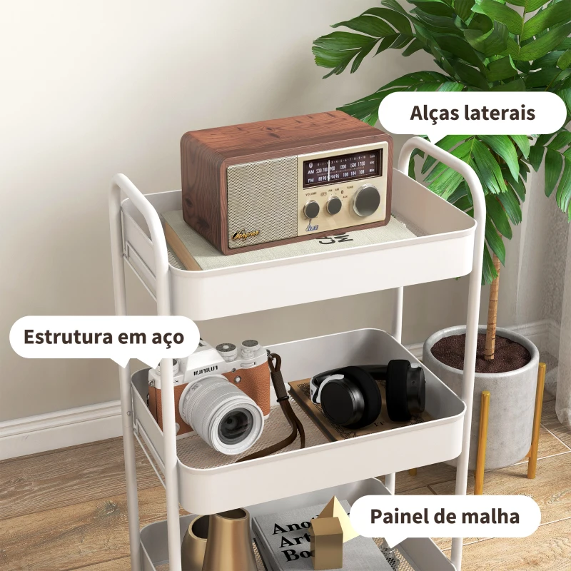 HOMCOM Carrinho Auxiliar de 3 Níveis com Rodas Carrinho de Armazenamento Deslizante para Cozinha Sala 45x30,6x79 cm Branco