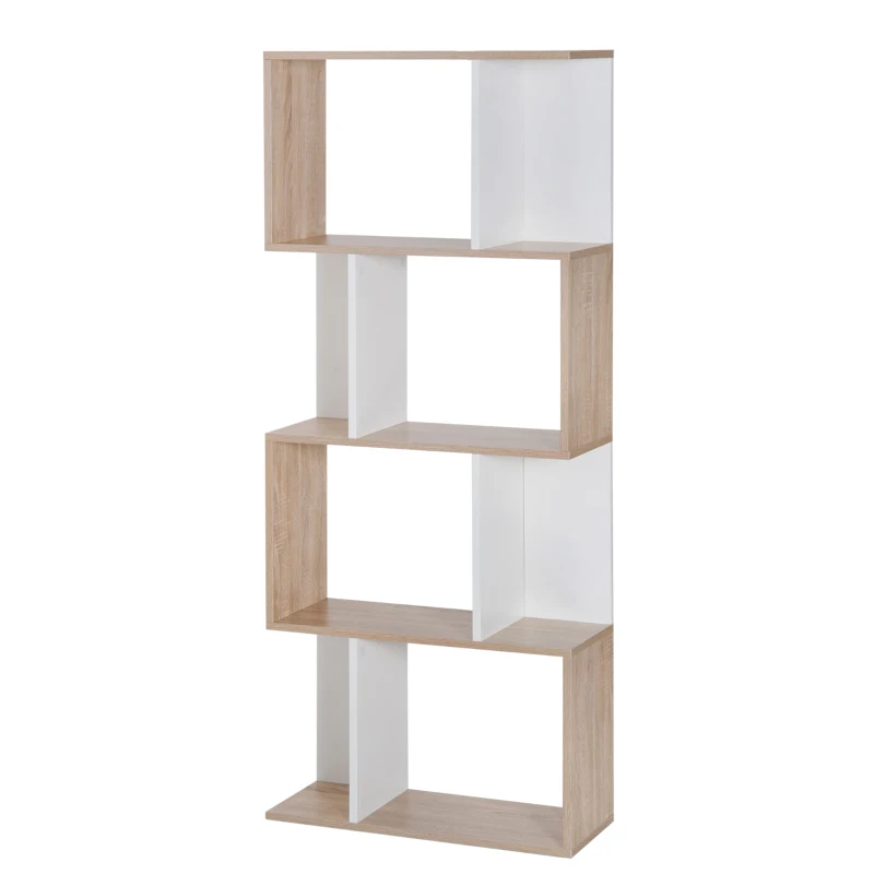 HOMCOM Bibliothèque à 4 niveaux, meuble de rangement en forme de S avec étagères, étagère de rangement pour salon, chambre bureau, 60 x 24 x 148 cm, bois naturel et blanc