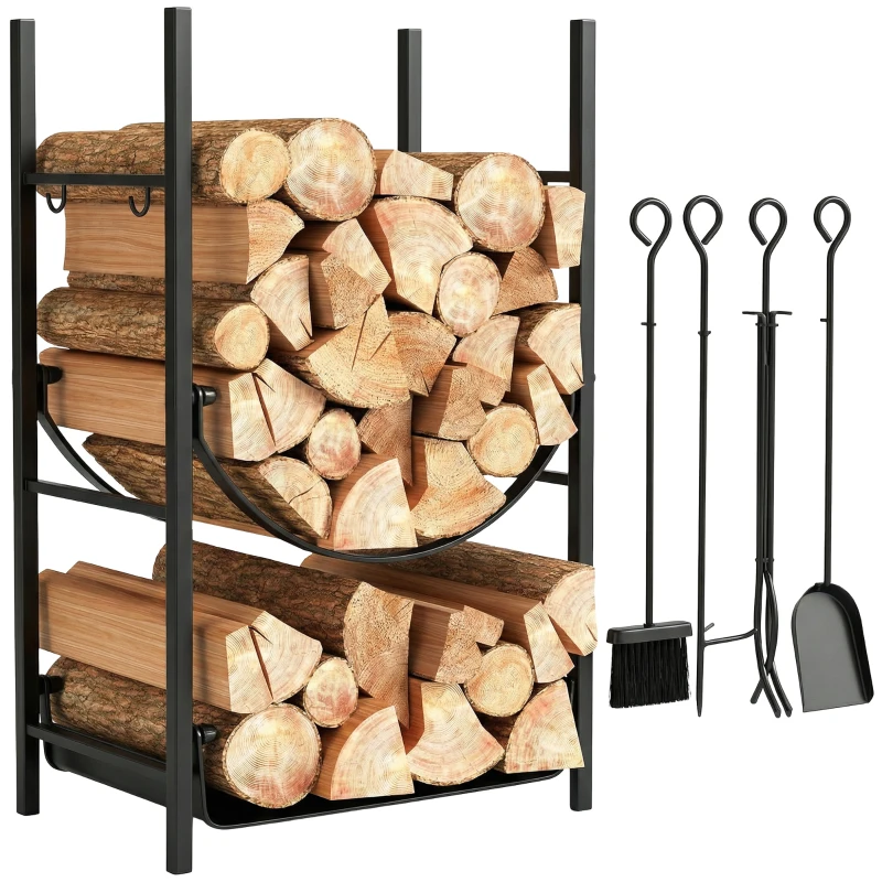 Outsunny Portalegna da Interno ed Esterno Rialzato a 2 Ripiani, Porta Legna da Ardere in Metallo con Supporti Rimovibili, Paletta, Scopa, Attizzatoio e Pinza, Capacità 70 kg, 44.5x29.5x73 cm, Nero