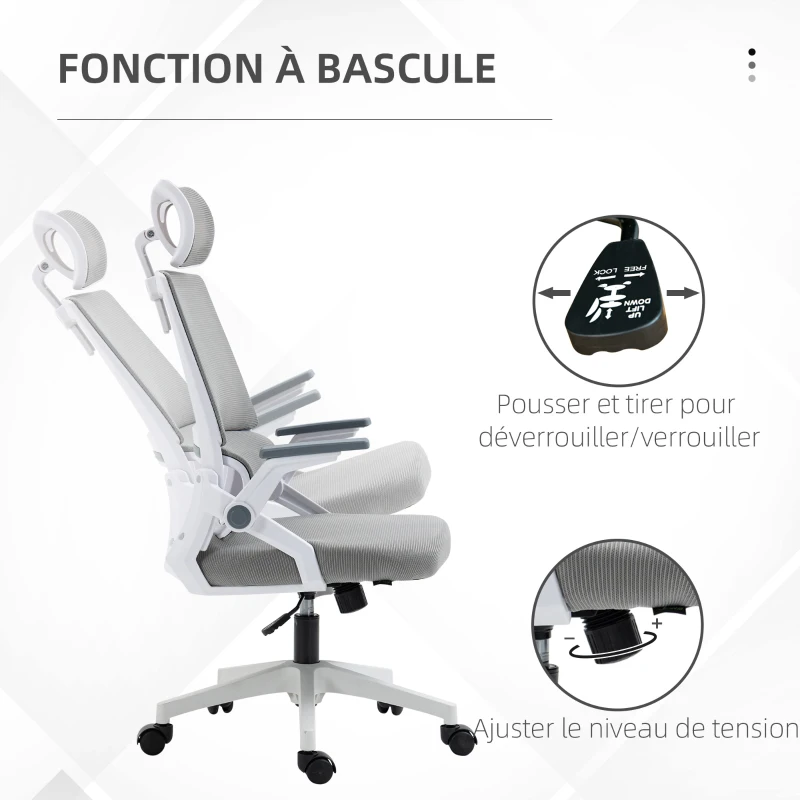 Vinsetto Fauteuil de bureau réglable tissu maille polyester dossier ergonomique inclinable pivotant Gris