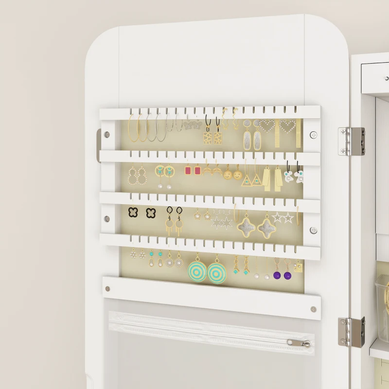 HOMCOM Espejo Joyero con Luz LED Montado en la Pared o en la Puerta con Cerradura Espejo Entero 2 Cajones Blanco