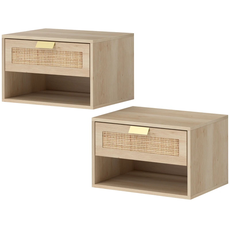 HOMCOM Set de 2 Noptiere Suspendate cu Sertar din Ratan Raft Deschis Economisire Spațiu 40x30x25 cm Stejar