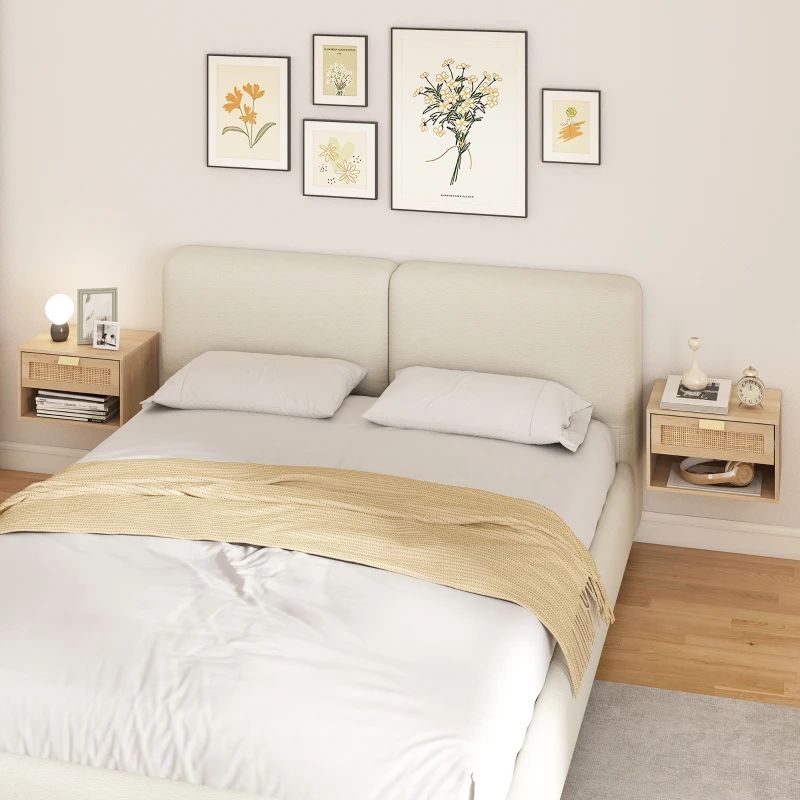 HOMCOM Set de 2 Noptiere Suspendate cu Sertar din Ratan Raft Deschis Economisire Spațiu 40x30x25 cm Stejar