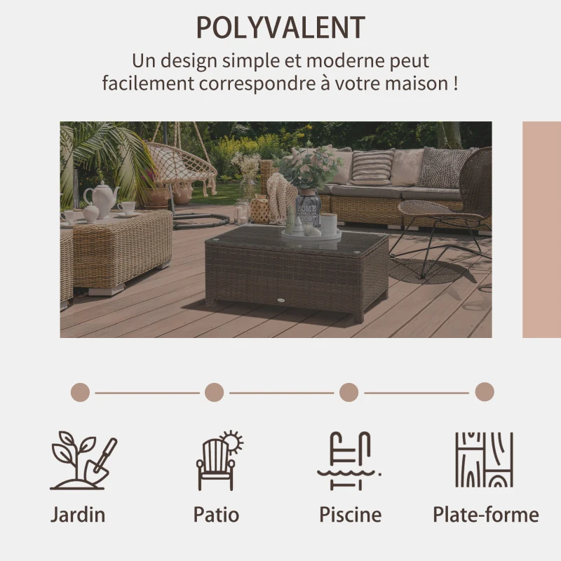 Outsunny Table Basse de Jardin Plateau Verre trempé 5 mm rotin tressé 85 x 50 x 39cm Max. 50 kg Marron