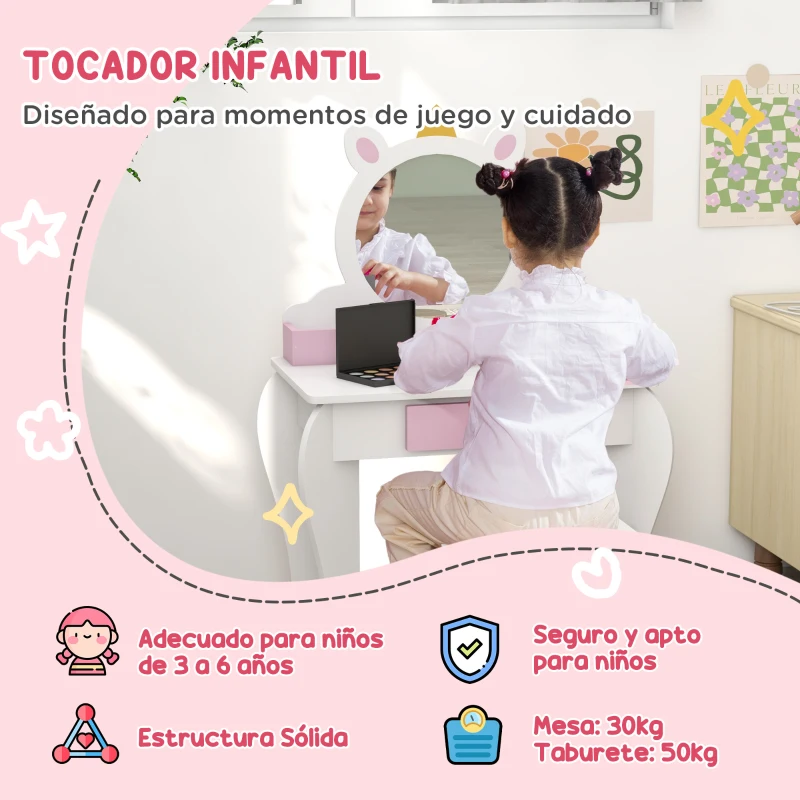 ZONEKIZ Tocador Infantil con Taburete y Espejo Tocador para Niñas con Cajón Compartimentos Diseño de Unicornio Blanco