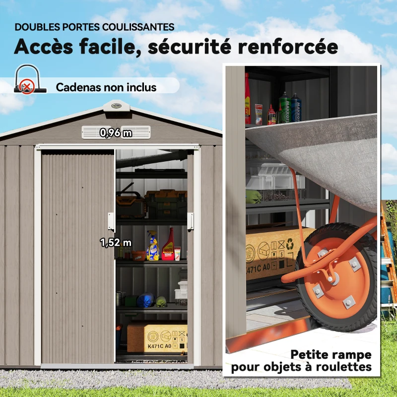 Outsunny Abri de jardin 2,77m² 213 x 130 x 185 cm kit de fondation incluse porte coulissante acier galvanisé marron clair