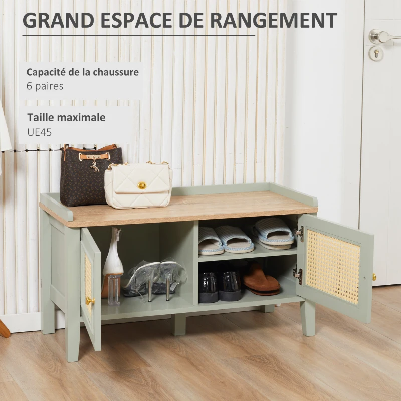 HOMCOM Banc à chaussures meuble de rangement avec étagère sur pieds 2 placards avec façades cannage poignée en alliage d'aluminium vert(m-4)