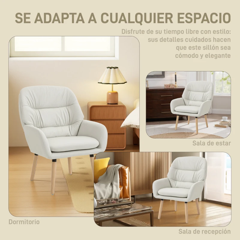 HOMCOM Sillón de Salón Moderno Acolchado de Doble Capa Tapizado en Cuero Sintético Patas de Madera 68x74x89 cm Crema