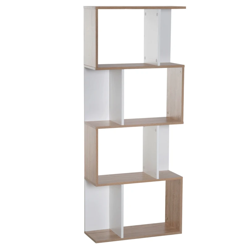HOMCOM Bibliothèque à 4 niveaux, meuble de rangement en forme de S avec étagères, étagère de rangement pour salon, chambre bureau, 60 x 24 x 148 cm, bois naturel et blanc